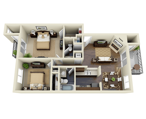 Floor plan for 2 beds, 2 baths, 951 sqft